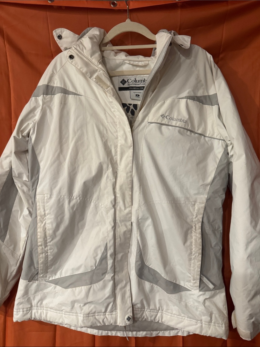 Columbia Women's Off-White Hooded Waterproof Ski Jacket with Gray Accents
